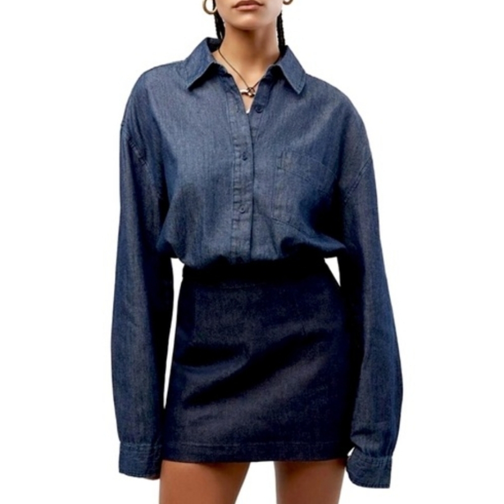 WeWoreWhat Boyfriend Overshirt Denim Long Sleeve Button-Up Cotton Top Size M/L